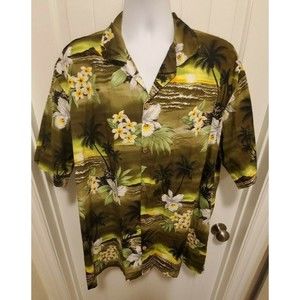 Favant Sunset‎ Men’s Hawaiian Shirt XXL 2XL Green Orange Tropical Flower